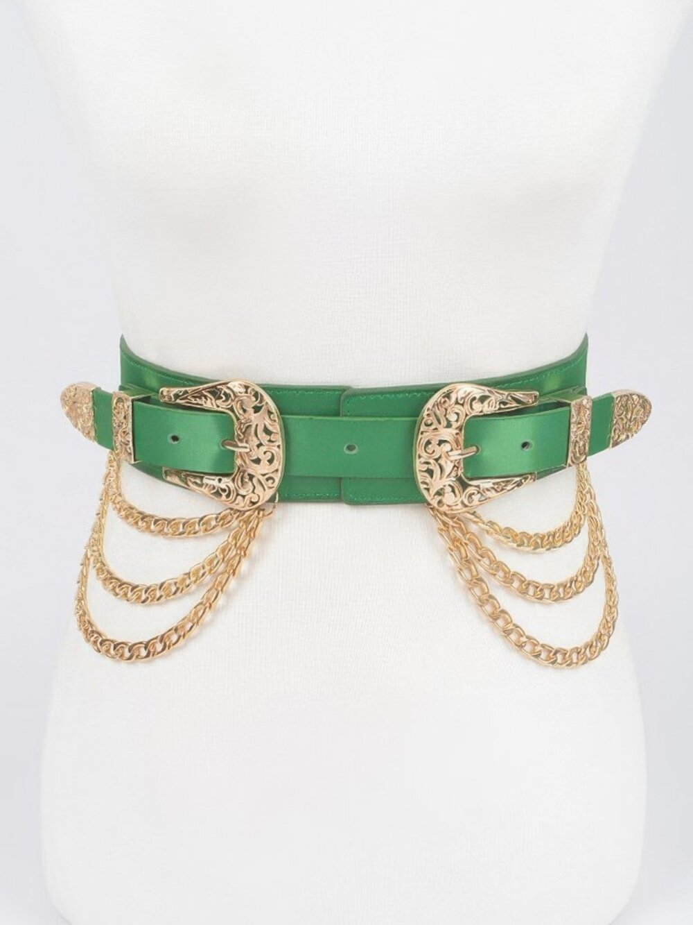 Vegan Elastic Belt With Metal Chain And Buckle